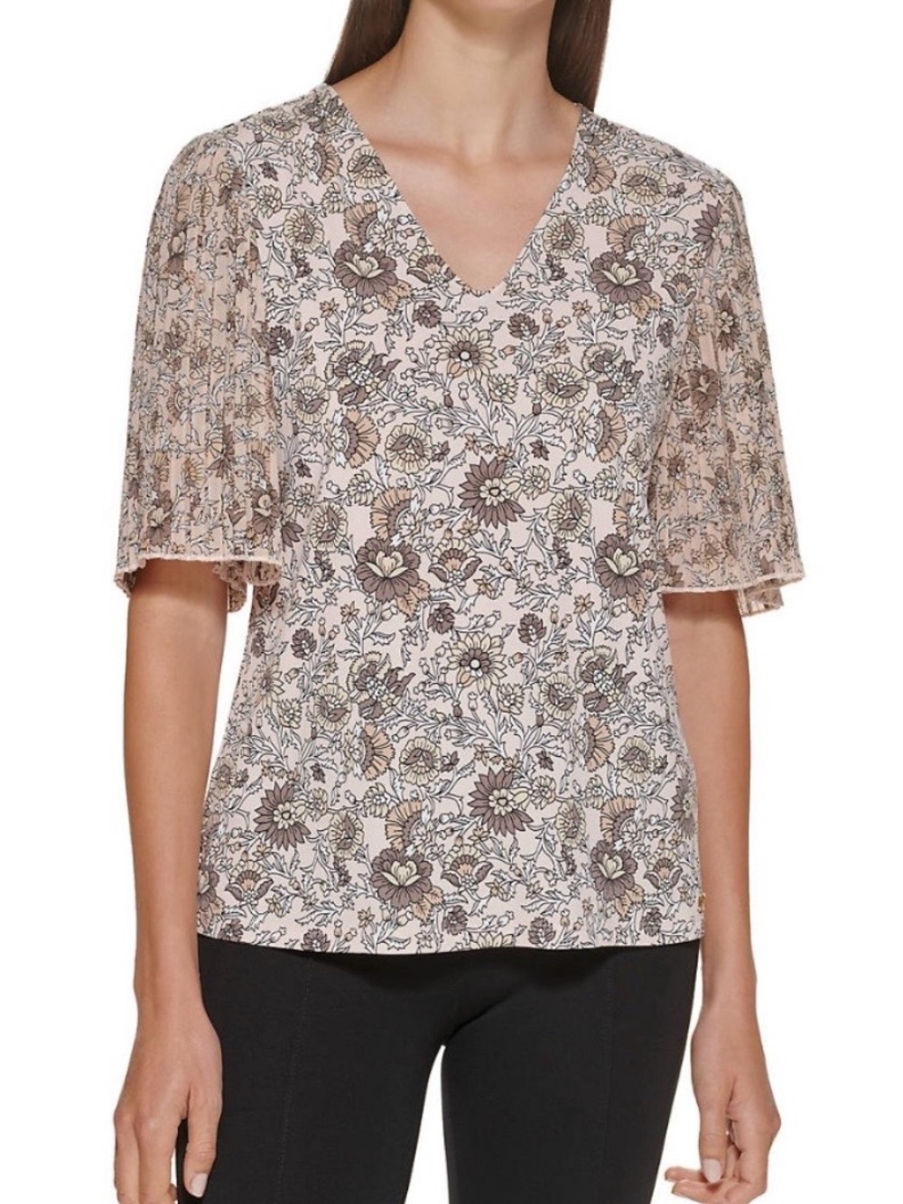 Calvin Klein Floral V-Neck Pleated Flutter Sleeve Top in Blush and Taupe